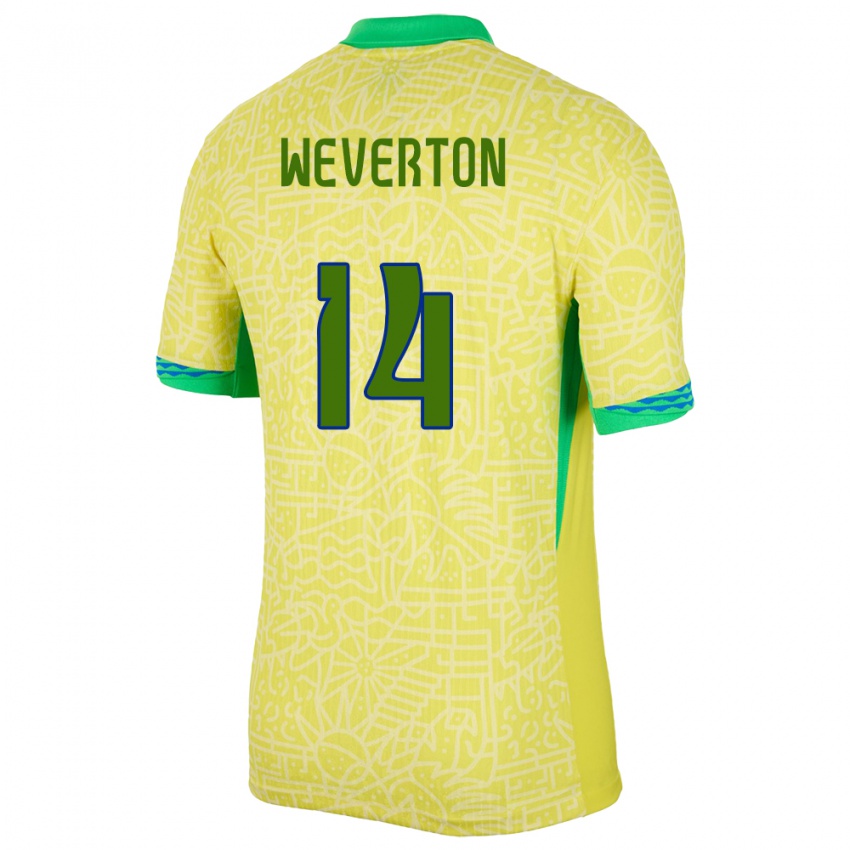 Mujer Camiseta Brasil Weverton #14 Amarillo 1ª Equipación 24-26 La Camisa Argentina