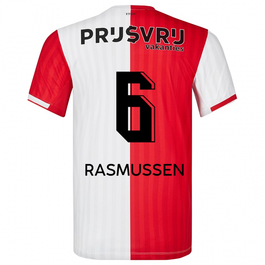 Hombre Camiseta Jacob Rasmussen #6 Rojo Blanco 1ª Equipación 2023/24 La Camisa Argentina