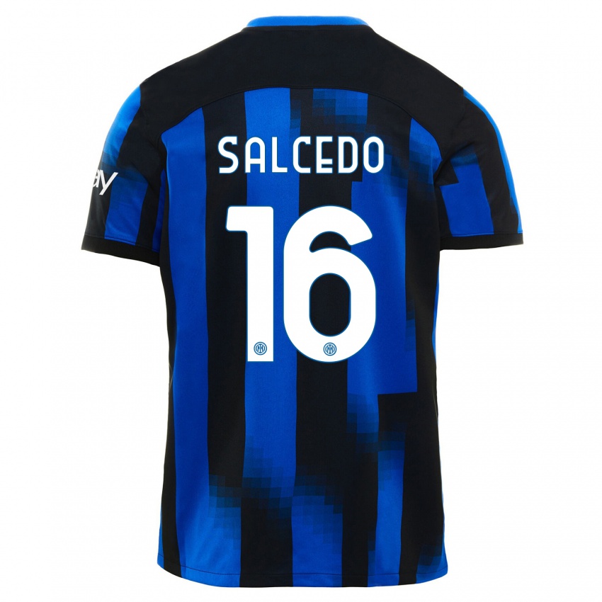 Mujer Camiseta Eddie Salcedo #16 Azul Negro 1ª Equipación 2023/24 La Camisa Argentina