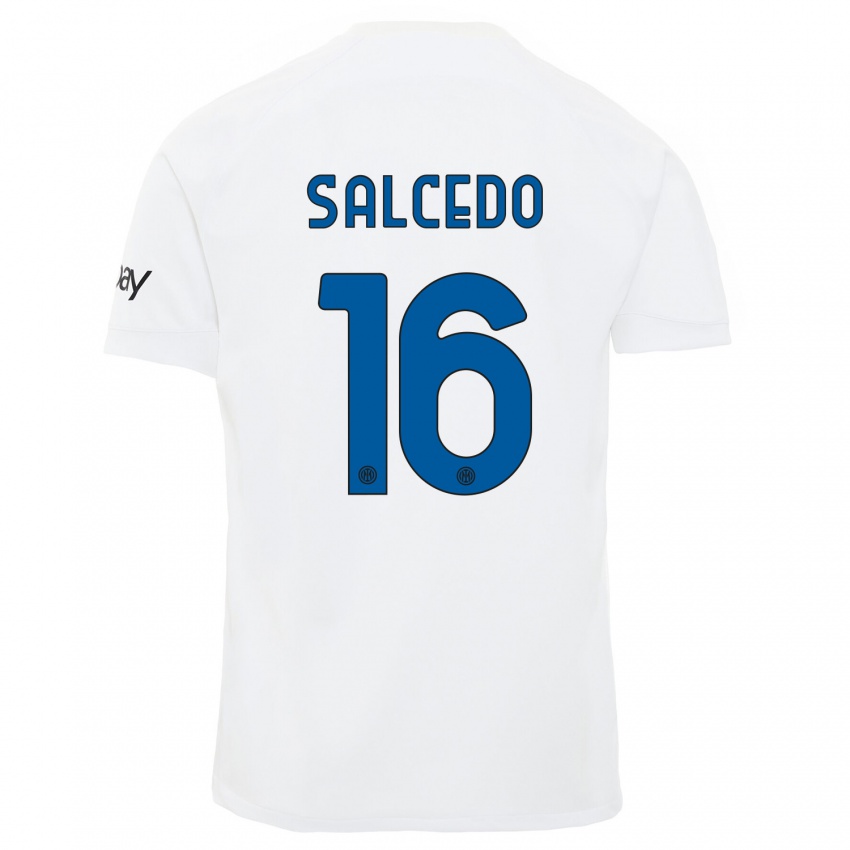 Mujer Camiseta Eddie Salcedo #16 Blanco 2ª Equipación 2023/24 La Camisa Argentina